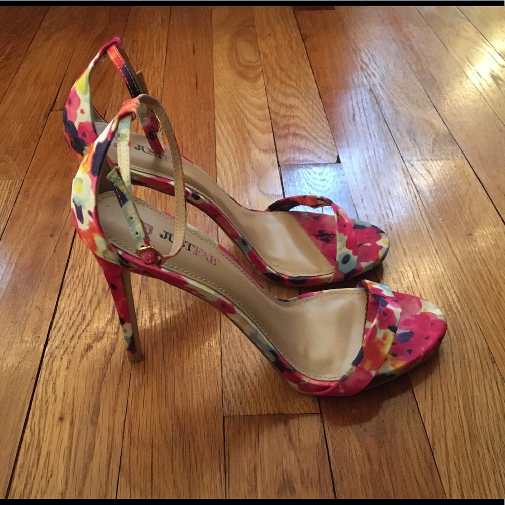 JustFab multicolor/pink floral strappy high heels.